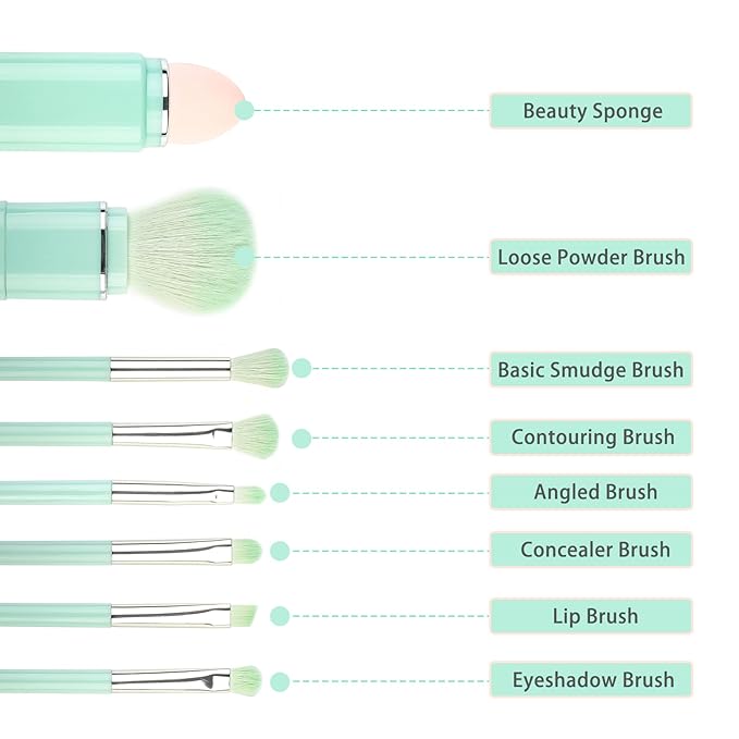 Portable Retractable Makeup Brushes Set 8 in 1 Travel Beauty Sponge All in One Make Up Brushes Set Angled Brush, Lip Brush, Eyeshadow Brush, Foundation Blending Powder Brush (Green)
