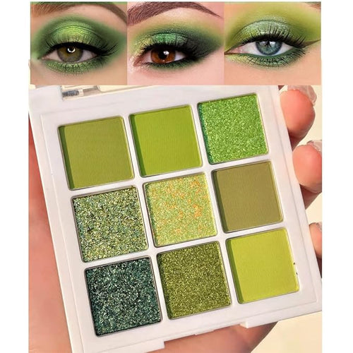 Light Bright Green Glitter Shimmer Eye Shadow Makeup Palette 9 Colors, Emerald Dark Avocado Neon Green Highly Pigmented Matte Glitter Shimmer Pearl Waterproof for woman