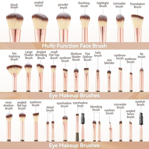 Makeup Brush Set for Foundation Concealer Eyeshadow and Travel, Include Make Up Brush, Sponge, 56PCS Brown